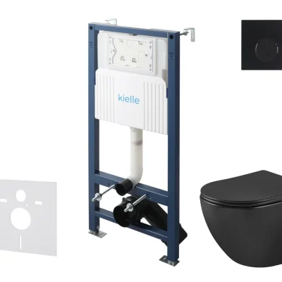 kielle Genesis New - komplekts ar priekšsienas uzstādīšanu, WC Oudee, Vortex Rimless+, Softclose sēdeklis un vadības plate Gemini New II, matēti melns 30528SS92