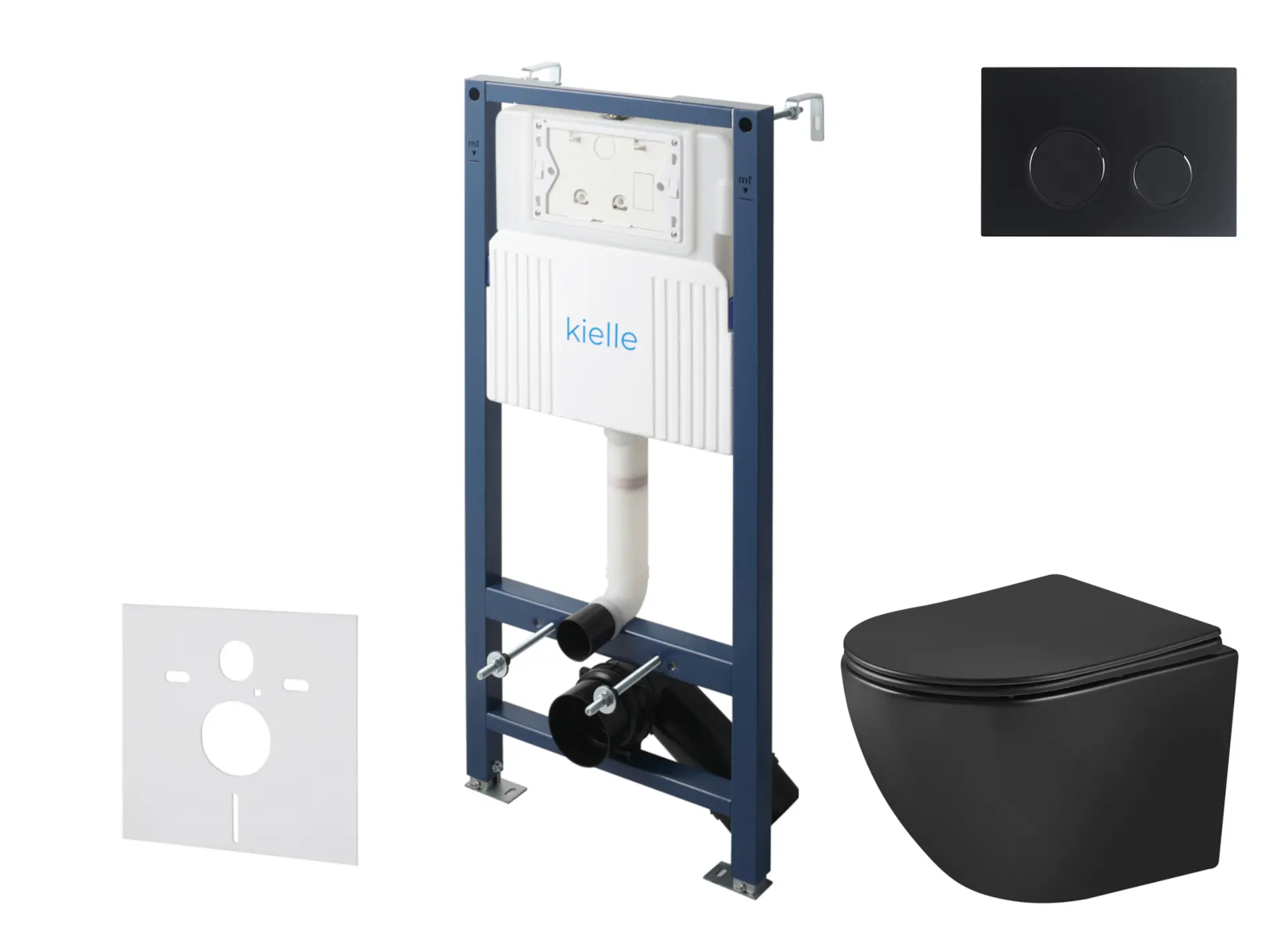 kielle Genesis New - komplekts ar priekšsienas uzstādīšanu, WC Oudee, Vortex Rimless+, Softclose sēdeklis un vadības plate Gemini New II, matēti melns 30528SS92