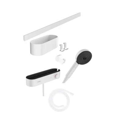 Hansgrohe WallStoris - dušas galvas komplekts 105, 3 strūklas, termostats un vannas istabas piederumi, balts matēts 24250700