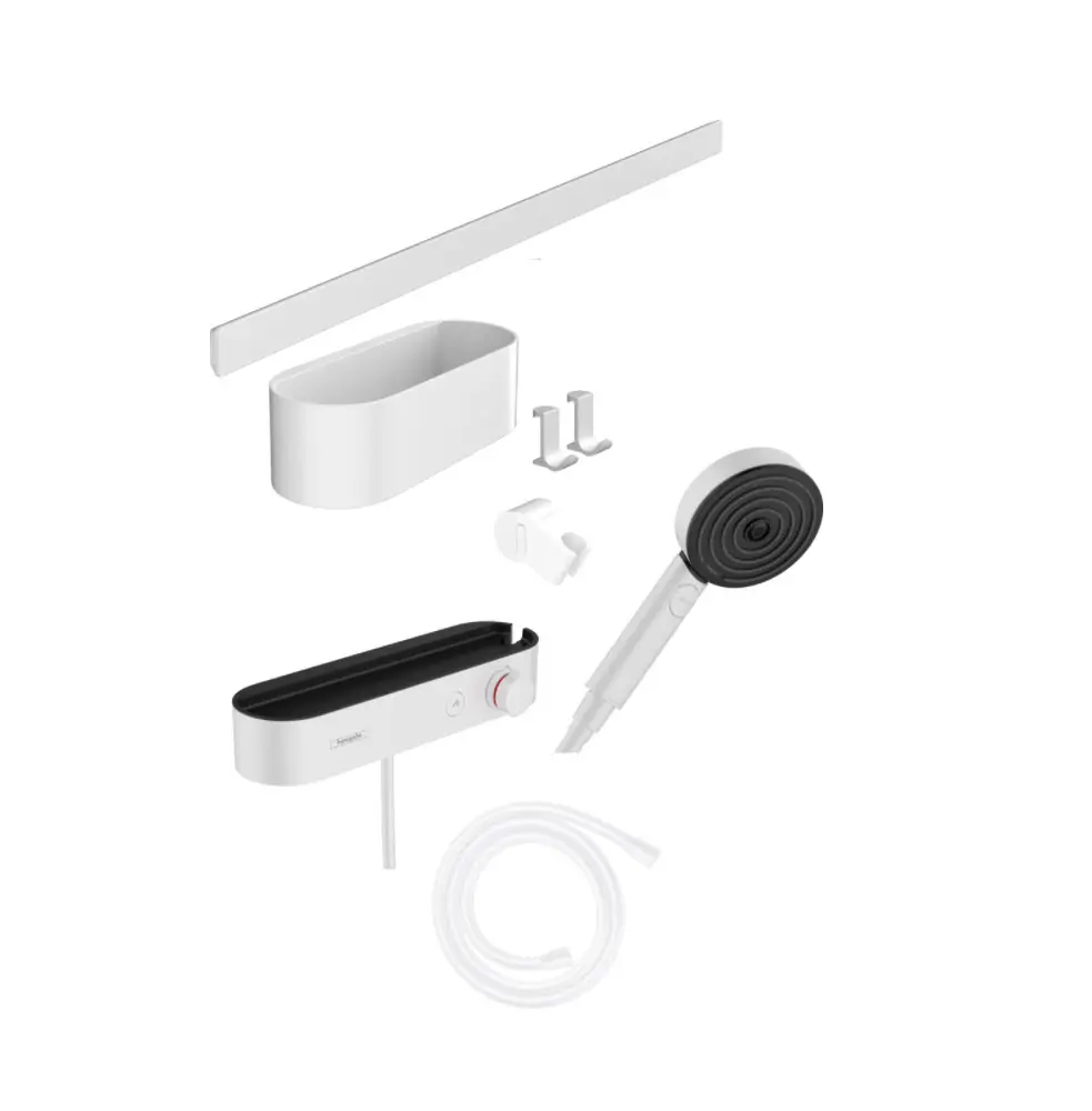 Hansgrohe WallStoris - dušas galvas komplekts 105, 3 strūklas, termostats un vannas istabas piederumi, balts matēts 24250700