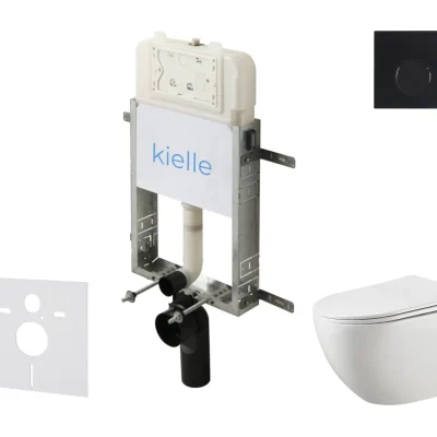 kielle Genesis New - komplekts priekšsienas montāžai, WC Gaia, Rimless, Softclose sēdeklis un vadības plate Gemini New II, matēti melns 30528SZ15