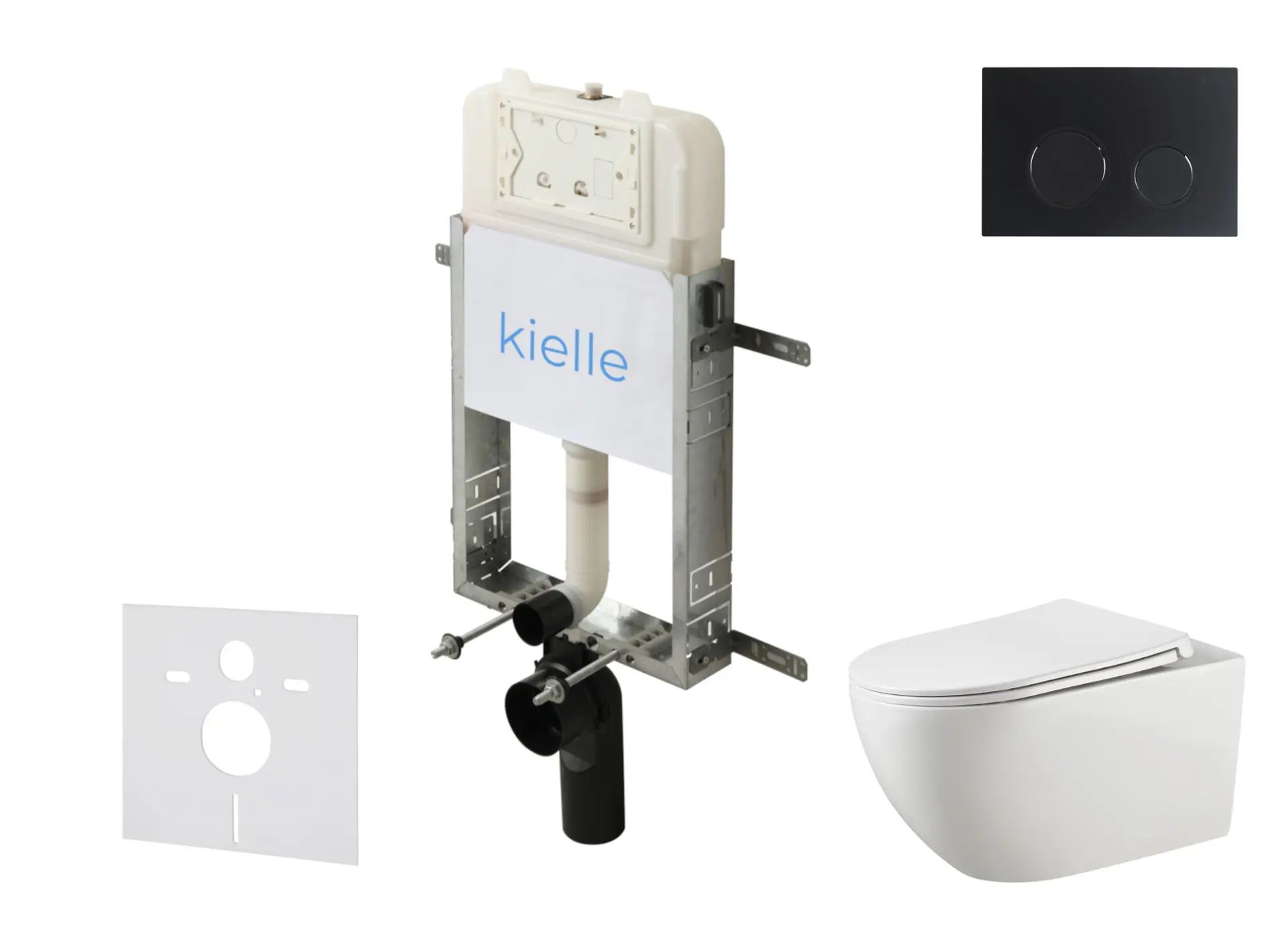 kielle Genesis New - komplekts priekšsienas montāžai, WC Gaia, Rimless, Softclose sēdeklis un vadības plate Gemini New II, matēti melns 30528SZ15