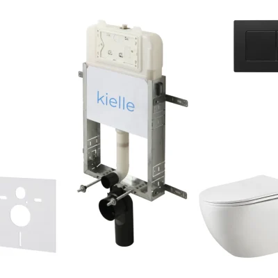 kielle Genesis New - komplekts priekšsienas montāžai, WC Gaia, Rimless, Softclose sēdeklis un vadības plate Gemini New III, matēti melns 30528SZ18