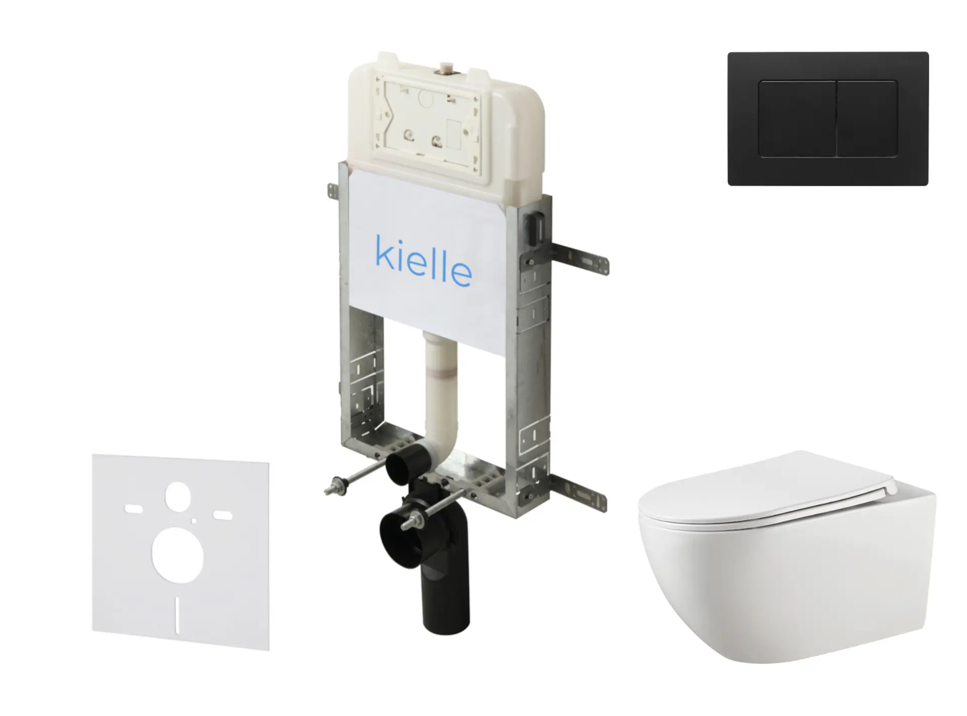 kielle Genesis New - komplekts priekšsienas montāžai, WC Gaia, Rimless, Softclose sēdeklis un vadības plate Gemini New III, matēti melns 30528SZ18