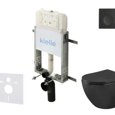 kielle Genesis New - komplekts priekšsienas montāžai, WC Oudee, Vortex Rimless+, SoftClose sēdeklis un vadības plate Gemini New I, matēti melns 30528SZ91