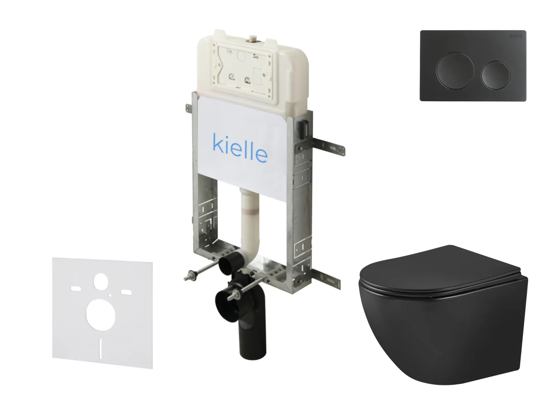 kielle Genesis New - komplekts priekšsienas montāžai, WC Oudee, Vortex Rimless+, SoftClose sēdeklis un vadības plate Gemini New I, matēti melns 30528SZ91