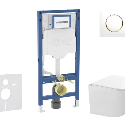 Geberit Duofix - komplekts priekšsienas elements, kompaktais WC Gaia ar SoftClose sēdekli un Sigma20 vadības plati, balts/zelts SANI11CA3147B