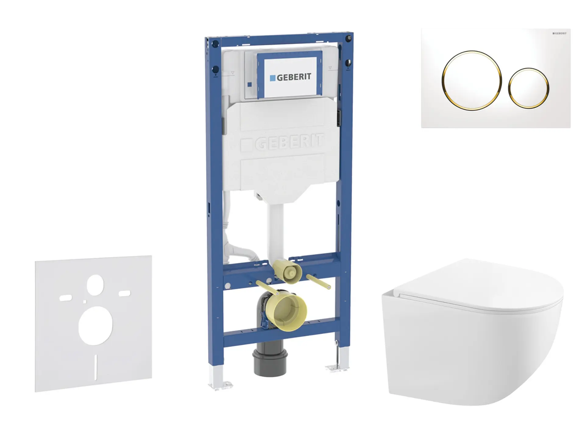 Geberit Duofix - komplekts priekšsienas elements, kompaktais WC Gaia ar SoftClose sēdekli un Sigma20 vadības plati, balts/zelts SANI11CA3147B