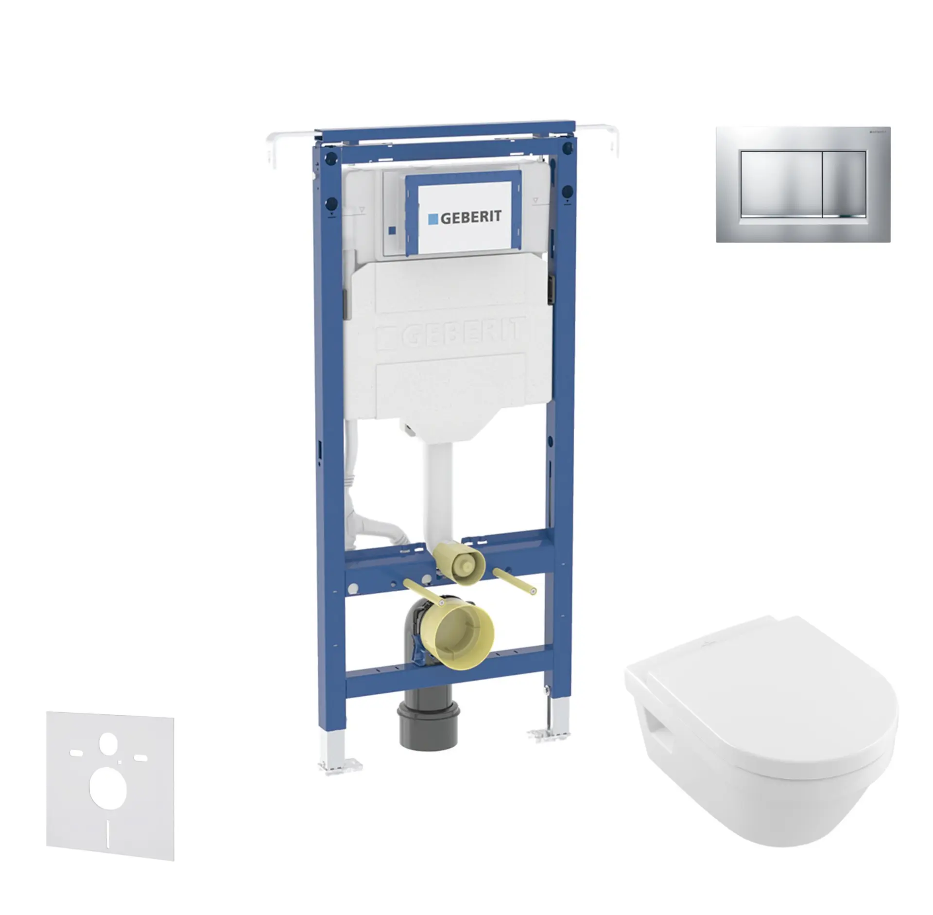 Geberit Duofix - priekšsienas montāžas komplekts, Villeroy Boch WC un sēdeklis, Sigma20 poga, DirectFlush, SoftClose, CeramicPlus, hroms matēts/hroms SANI11CK2115