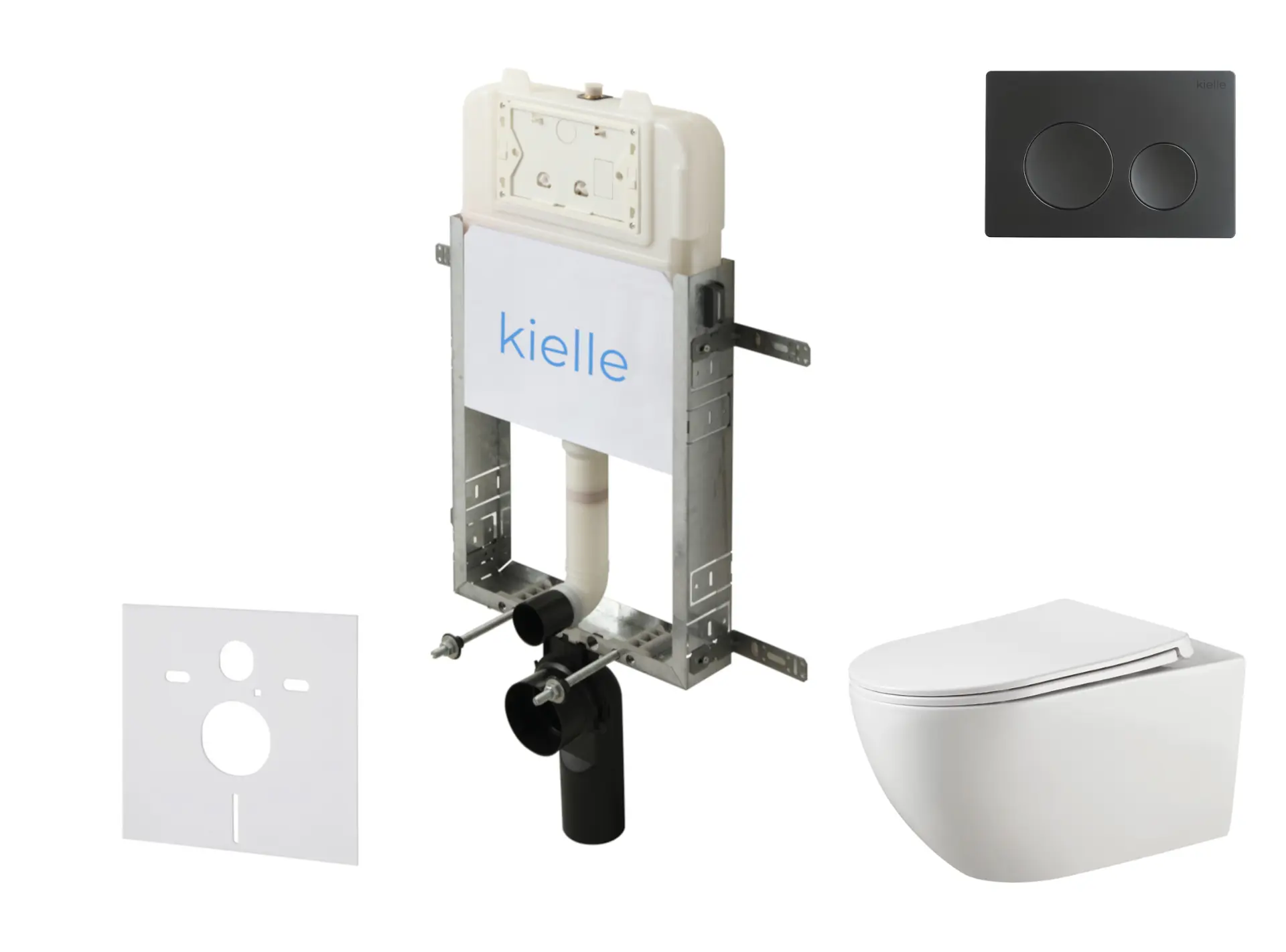 kielle Genesis New - komplekts priekšsienas uzstādīšanai, WC Gaia, Rimless, Softclose sēdeklis un vadības plate Gemini New I, matēti melns 30528SZ12
