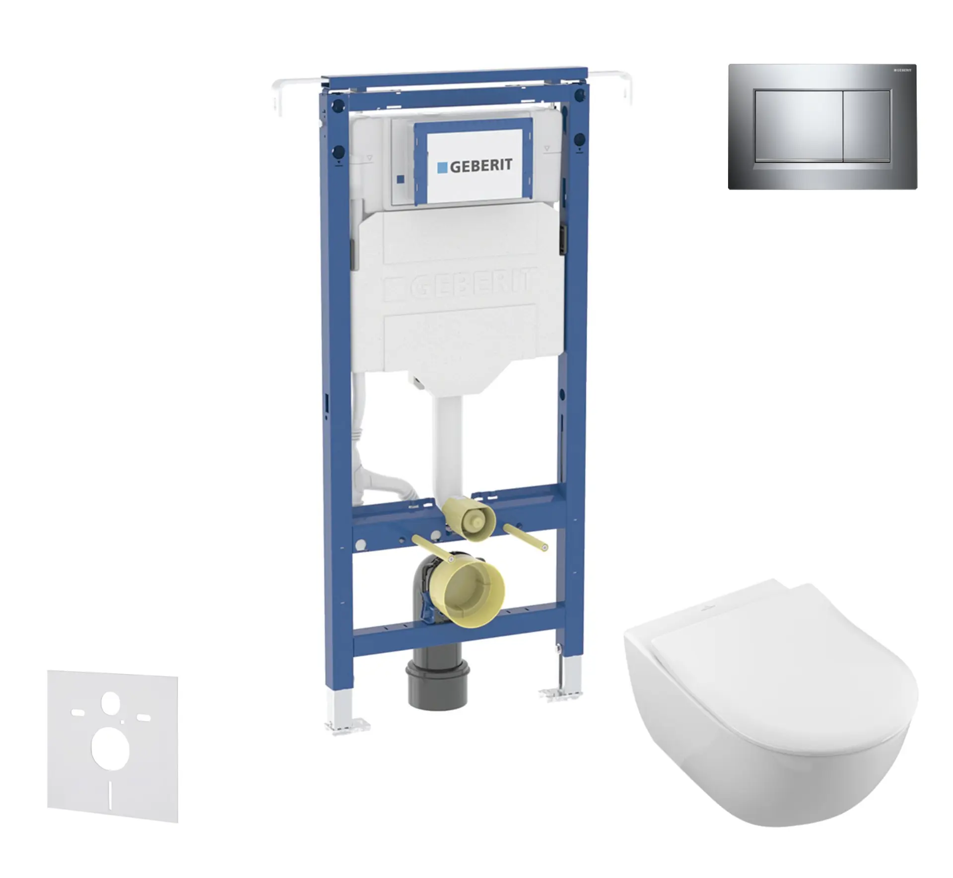 Geberit Duofix - komplekts priekšsienas elements, Villeroy Boch WC un sēdeklis, Sigma20 poga, DirectFlush, SoftClose, CeramicPlus, spīdīgs hroms/matēts hroms SANI11CK1102