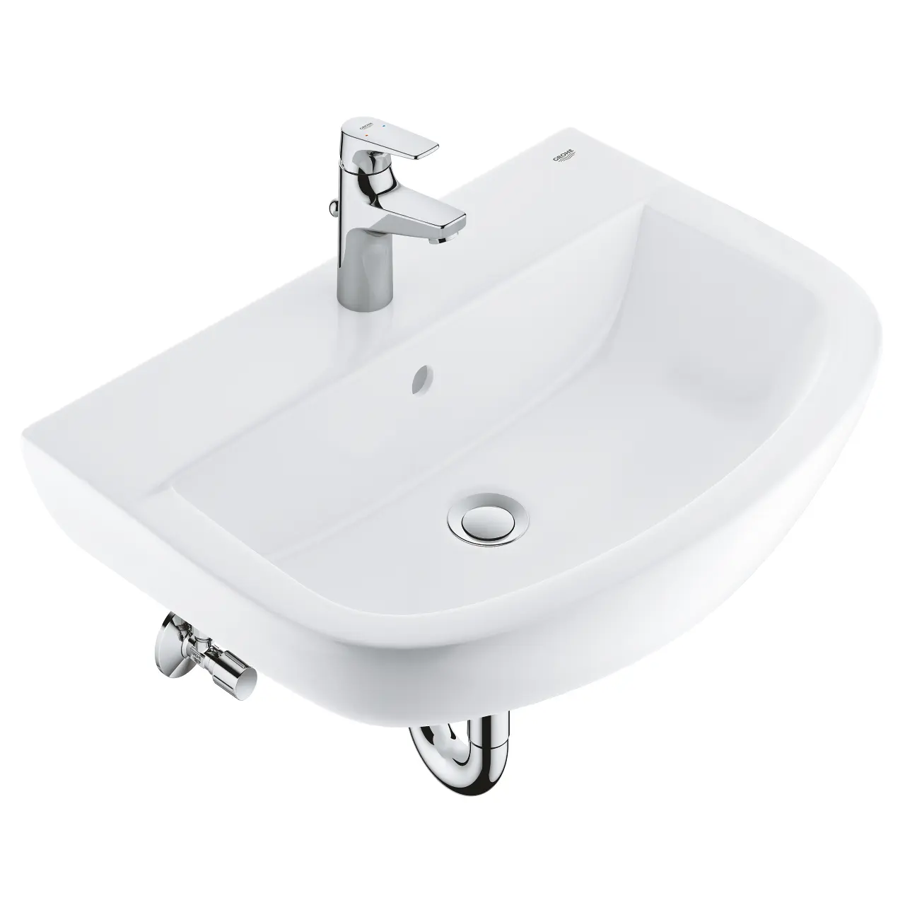 Grohe Bau Ceramic - komplekts: 60 cm izlietne un Start Flow izlietnes maisītājs ar noteces komplektu, alpu balts/hroms 39472000
