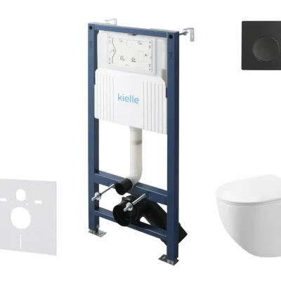 kielle Genesis New - komplekts priekšsienas uzstādīšanai, kompaktais WC Gaia, Rimless, Softclose sēdeklis un vadības plate Gemini New I, matēti melns 30528SS84