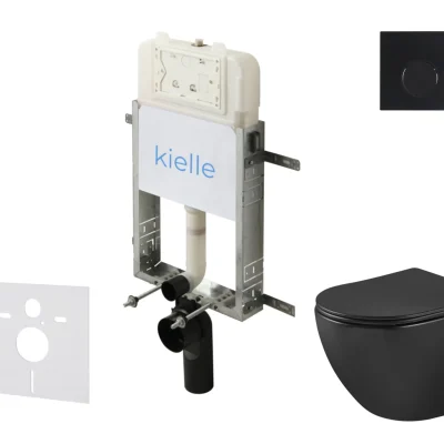 kielle Genesis New - komplekts priekšsienas montāžai, WC Oudee, Vortex Rimless+, SoftClose sēdeklis un vadības plate Gemini New II, matēti melns 30528SZ92