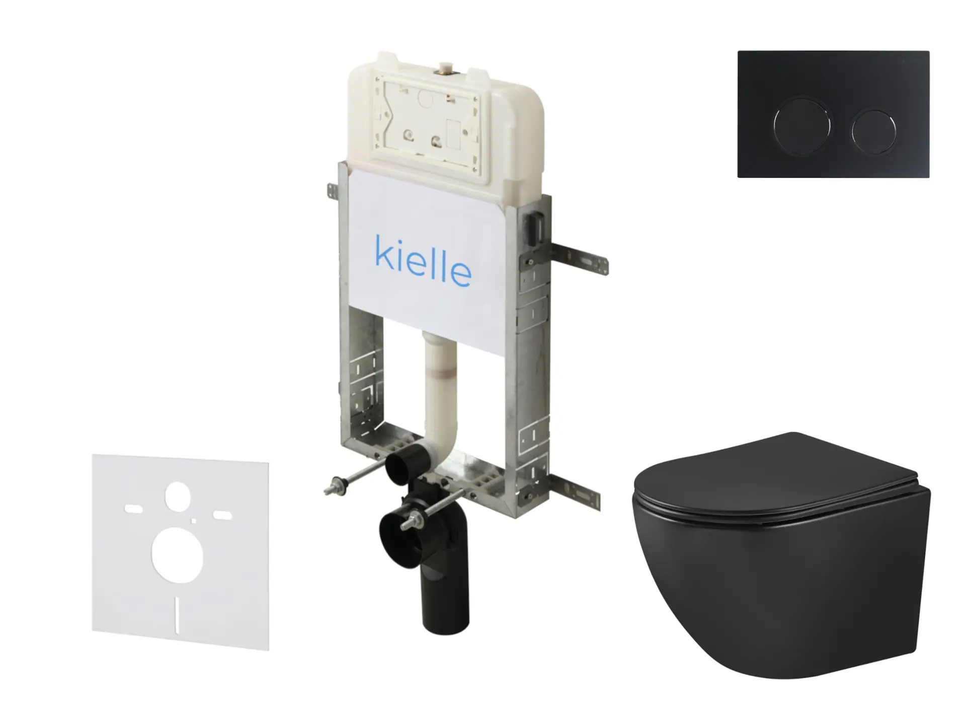 kielle Genesis New - komplekts priekšsienas montāžai, WC Oudee, Vortex Rimless+, SoftClose sēdeklis un vadības plate Gemini New II, matēti melns 30528SZ92
