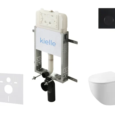 kielle Genesis New - komplekts priekšsienas montāžai, kompaktais WC Gaia, Rimless, Softclose sēdeklis un vadības plate Gemini New II, matēti melns 30528SZ87