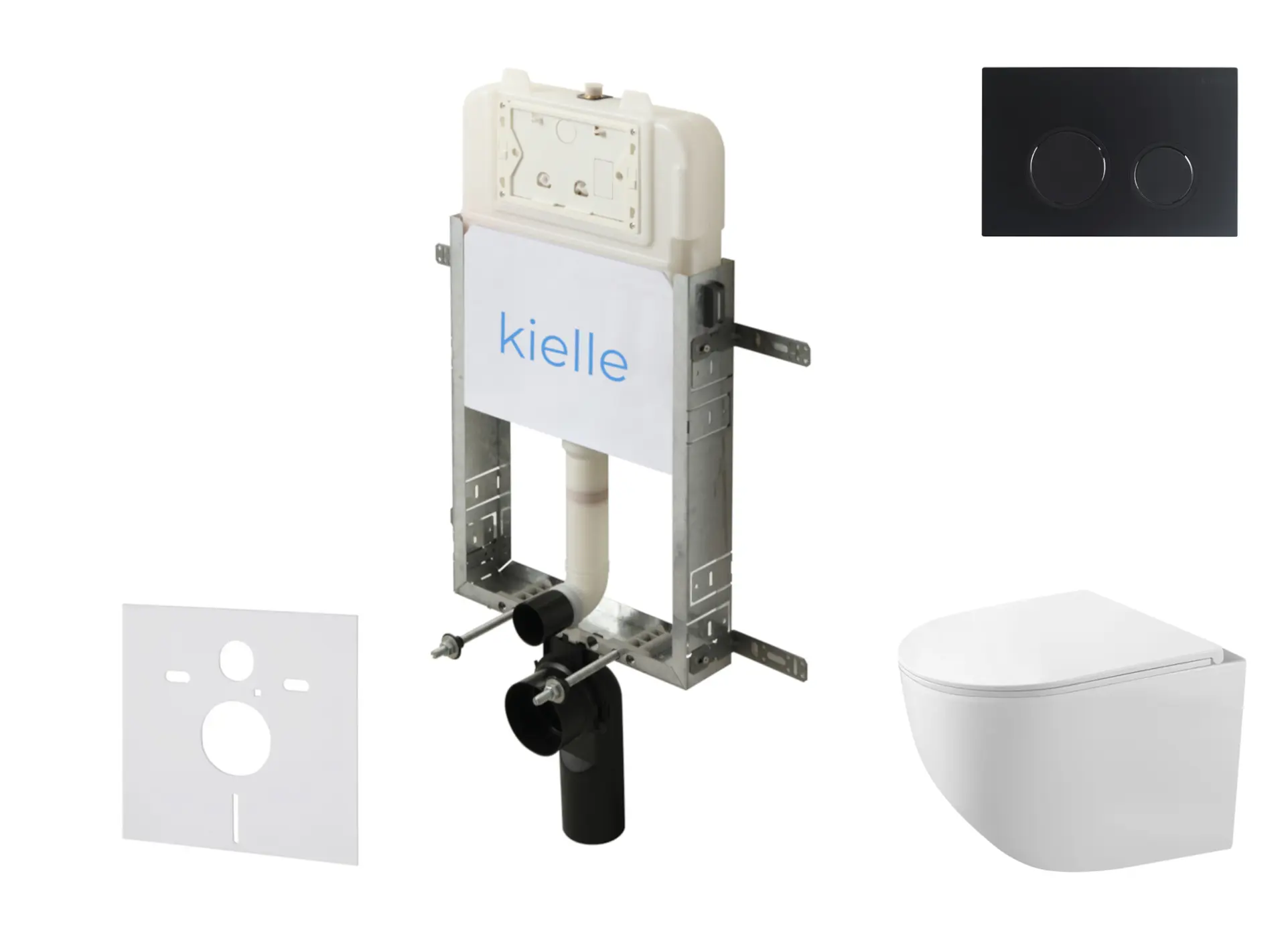 kielle Genesis New - komplekts priekšsienas montāžai, kompaktais WC Gaia, Rimless, Softclose sēdeklis un vadības plate Gemini New II, matēti melns 30528SZ87