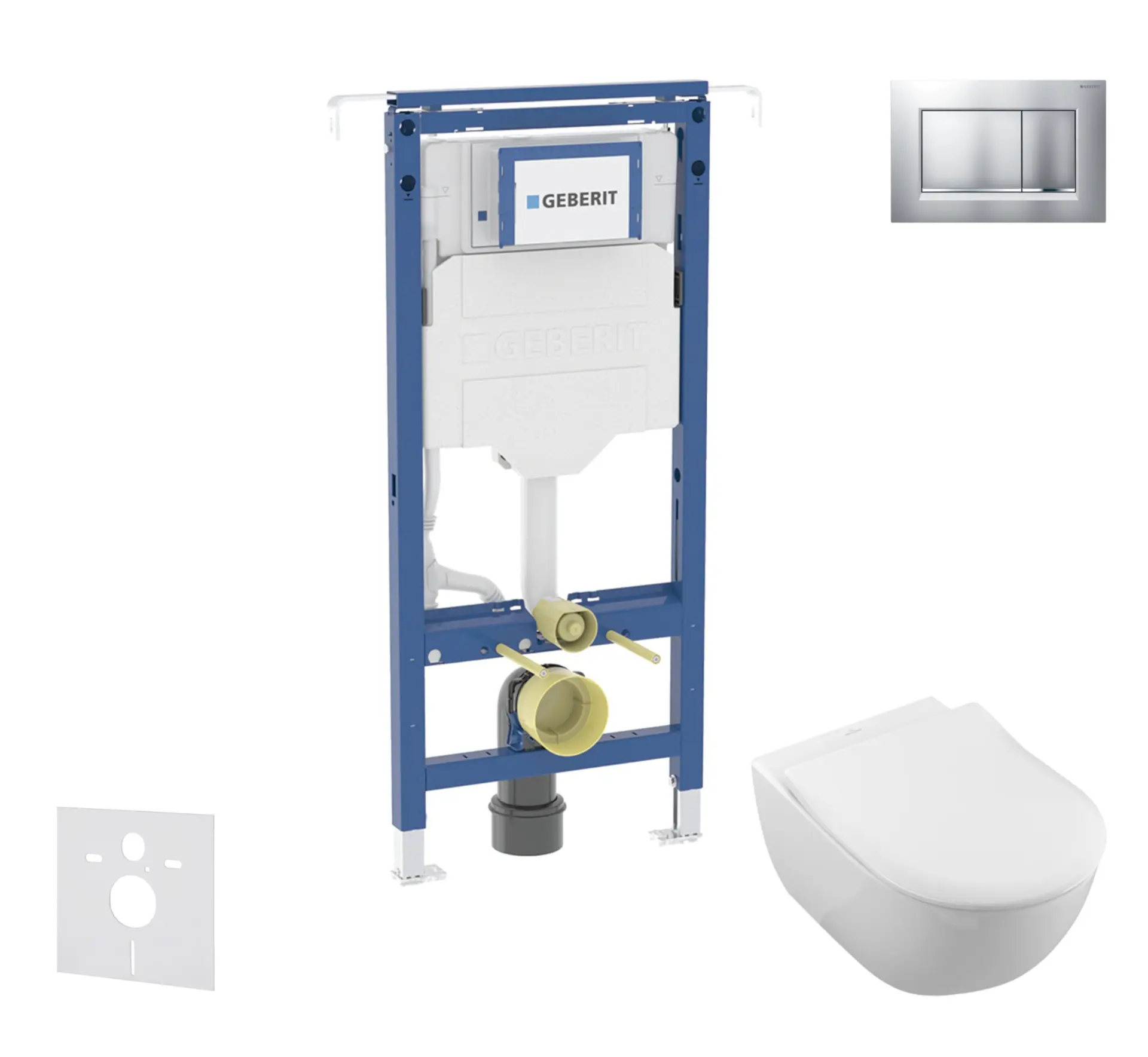 Geberit Duofix - priekšsienas montāžas komplekts, Villeroy Boch WC un sēdeklis, Sigma20 poga, DirectFlush, SoftClose, CeramicPlus, hroms matēts/hroms SANI11CK2101
