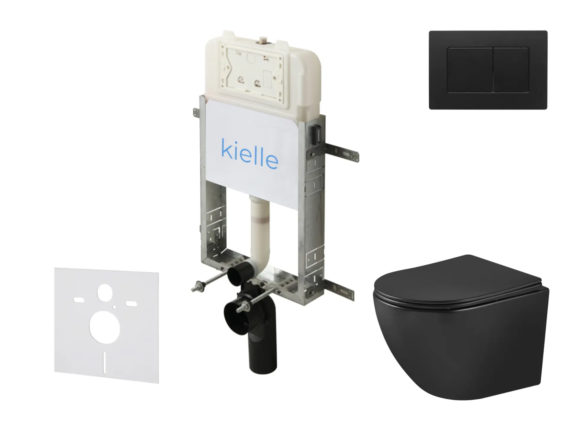 kielle Genesis New - komplekts priekšsienas montāžai, WC Oudee, Vortex Rimless+, SoftClose sēdeklis un vadības plate Gemini New III, matēti melns 30528SZ93