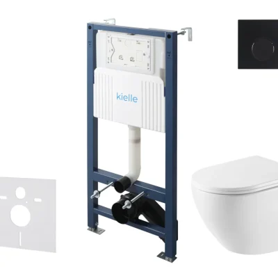 kielle Genesis New - komplekts priekšsienas uzstādīšanai, WC Oudee, Vortex Rimless+, Softclose sēdeklis un vadības plate Gemini New II, matēti melns 30528SS60