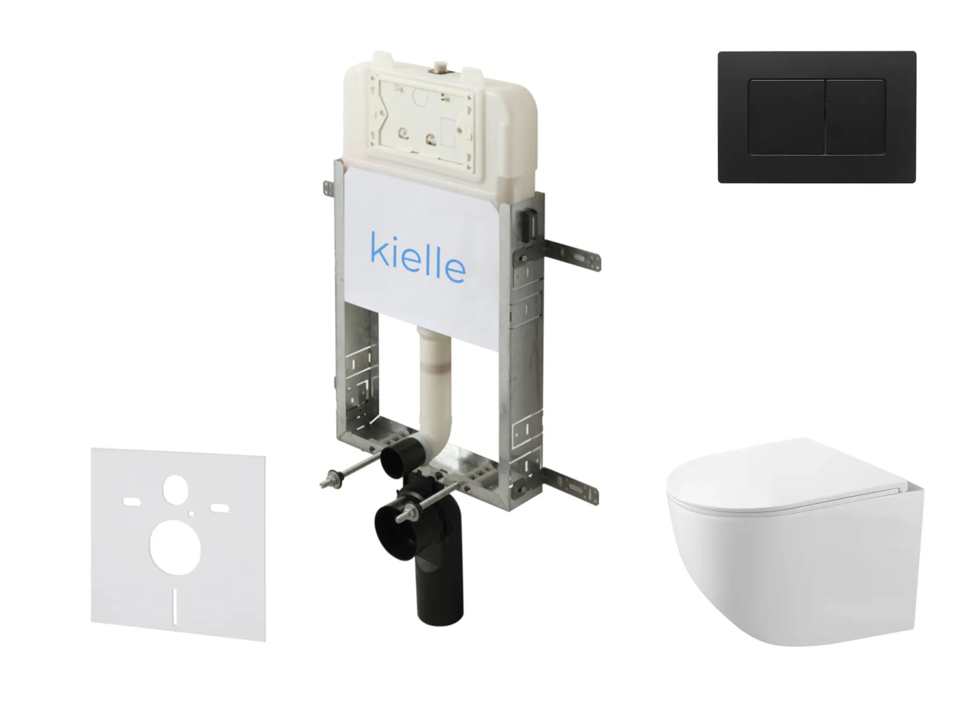 kielle Genesis New - komplekts priekšsienas montāžai, kompaktais WC Gaia, Rimless, SoftClose sēdeklis un vadības plate Gemini New III, matēti melns 30528SZ90