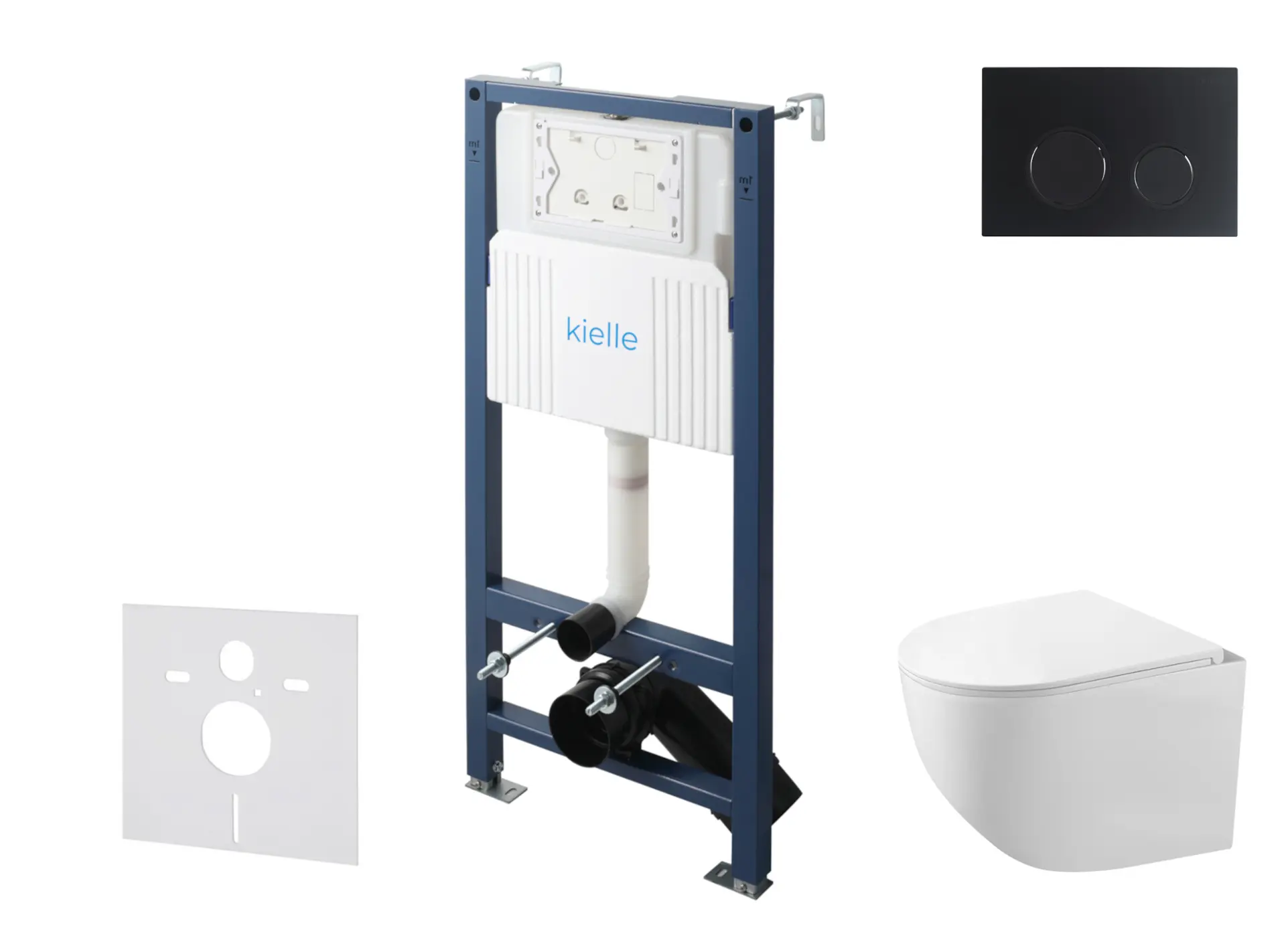 kielle Genesis New - komplekts ar priekšsienas uzstādīšanu, kompaktais WC Gaia, Rimless, Softclose sēdeklis un vadības plate Gemini New II, matēti melns 30528SS87