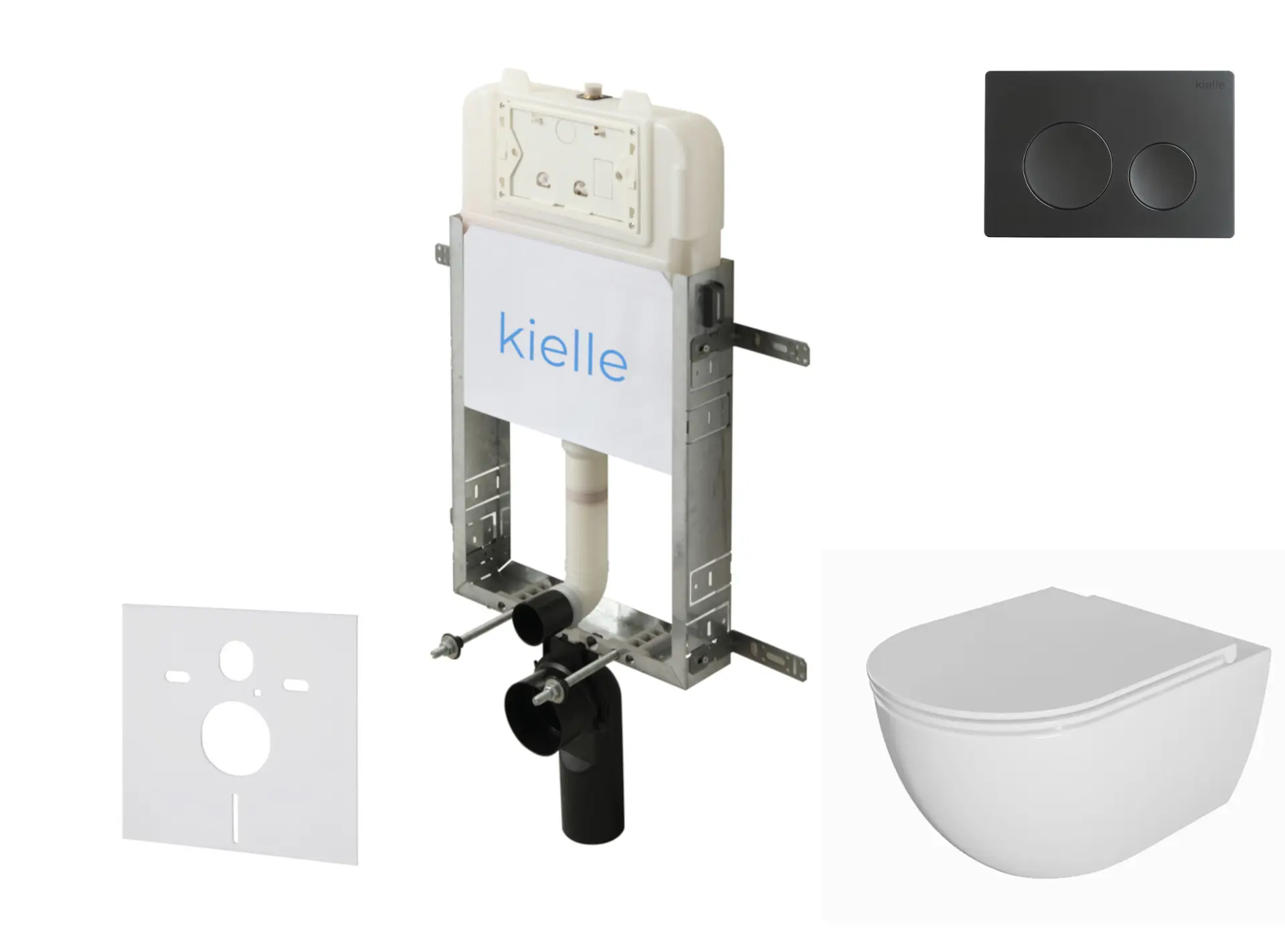 kielle Genesis New - komplekts priekšsienas montāžai, WC Oudee, Rimless, Softclose sēdeklis un vadības plate Gemini New I, matēti melns 30528SZ03