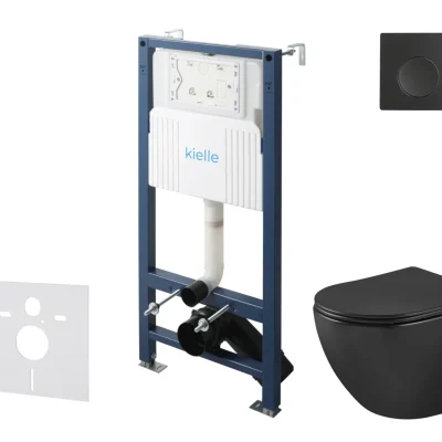 kielle Genesis New - komplekts priekšsienas uzstādīšanai, WC Oudee, Vortex Rimless+, SoftClose sēdeklis un vadības plate Gemini New I, matēti melns 30528SS91