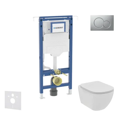 Geberit Duofix - komplekts ar priekšsienas elementu, Ideal Standard Tesi WC un sēdekli, Sigma01 pogas, Rimless, SoftClose, hroms matēts SANI11CD2105
