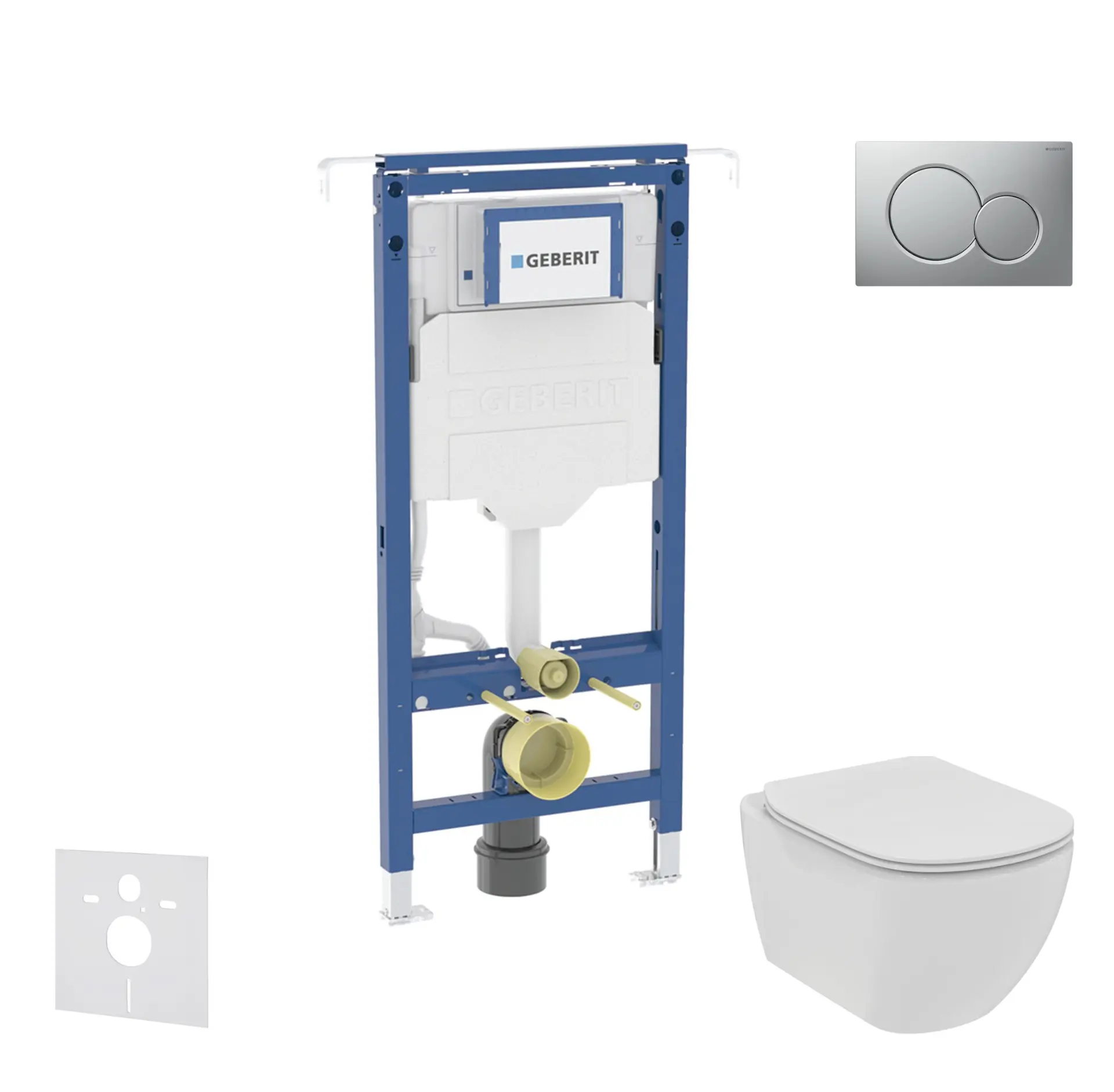 Geberit Duofix - komplekts ar priekšsienas elementu, Ideal Standard Tesi WC un sēdekli, Sigma01 pogas, Rimless, SoftClose, hroms matēts SANI11CD2105