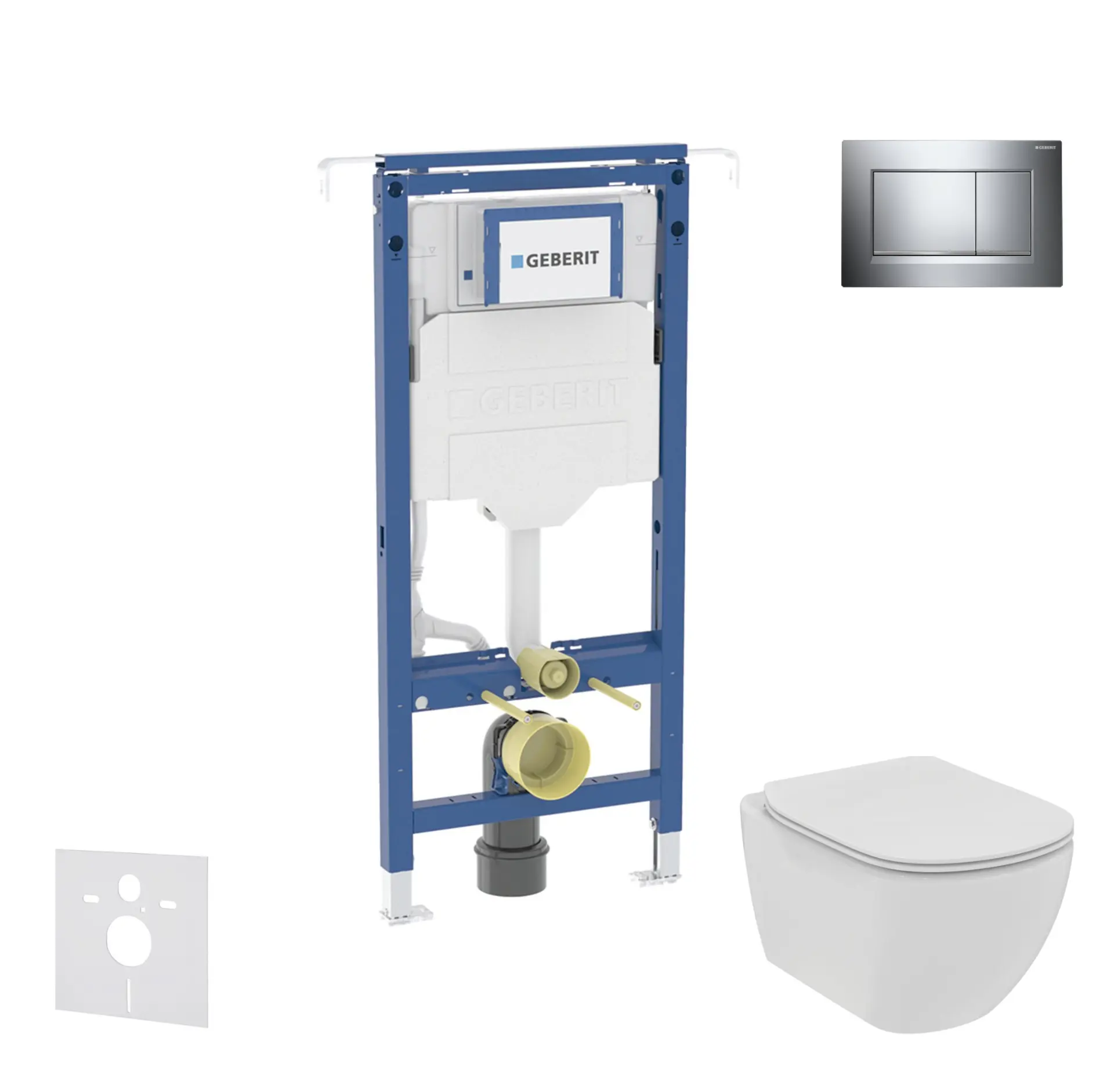 Geberit Duofix - komplekts priekšsienas elements, Ideal Standard Tesi WC un sēdeklis, Sigma20 taustiņi, Rimless, SoftClose, hroms spīdīgs/hroms matēts SANI11CD1100
