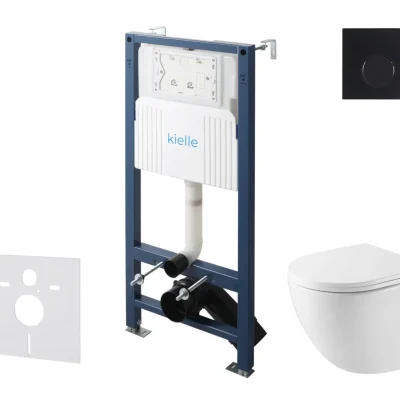 kielle Genesis New - komplekts priekšsienas uzstādīšanai, kompaktais WC Oudee, Vortex Rimless+, Softclose sēdeklis un vadības plate Gemini New I, matēti melns 30528SS42