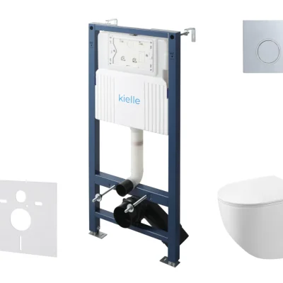 kielle Genesis New - komplekts ar priekšsienas uzstādīšanu, kompaktais WC Gaia, Rimless, Softclose sēdeklis un vadības plate Gemini New II, augsti spīdīgs hroms 30528SS86