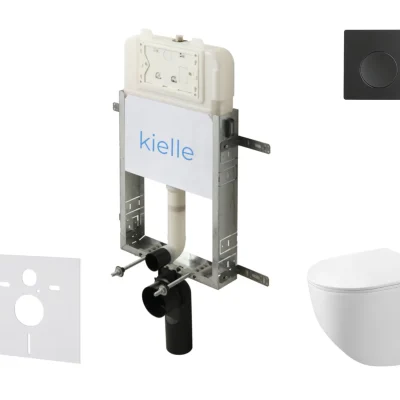 kielle Genesis New - komplekts priekšsienas montāžai, kompaktais WC Gaia, Rimless, Softclose sēdeklis un vadības plate Gemini New I, matēti melns 30528SZ84