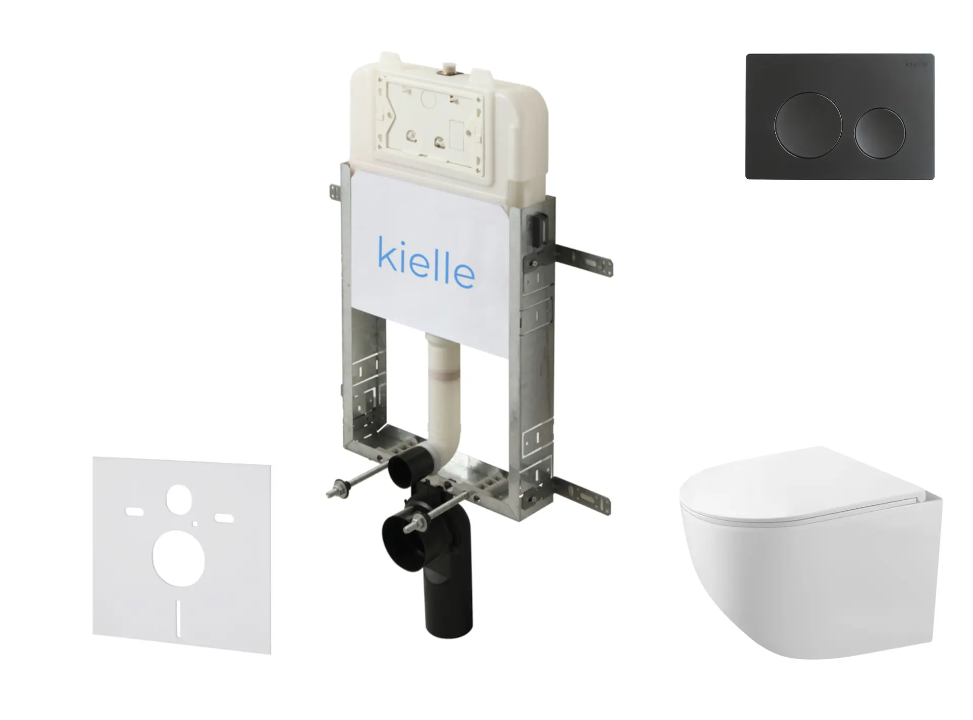 kielle Genesis New - komplekts priekšsienas montāžai, kompaktais WC Gaia, Rimless, Softclose sēdeklis un vadības plate Gemini New I, matēti melns 30528SZ84