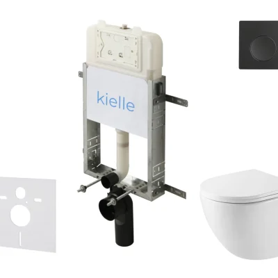 kielle Genesis New - komplekts priekšsienas montāžai, kompaktais WC Oudee, Vortex Rimless+, Softclose sēdeklis un vadības plate Gemini New I, matēti melns 30528SZ39