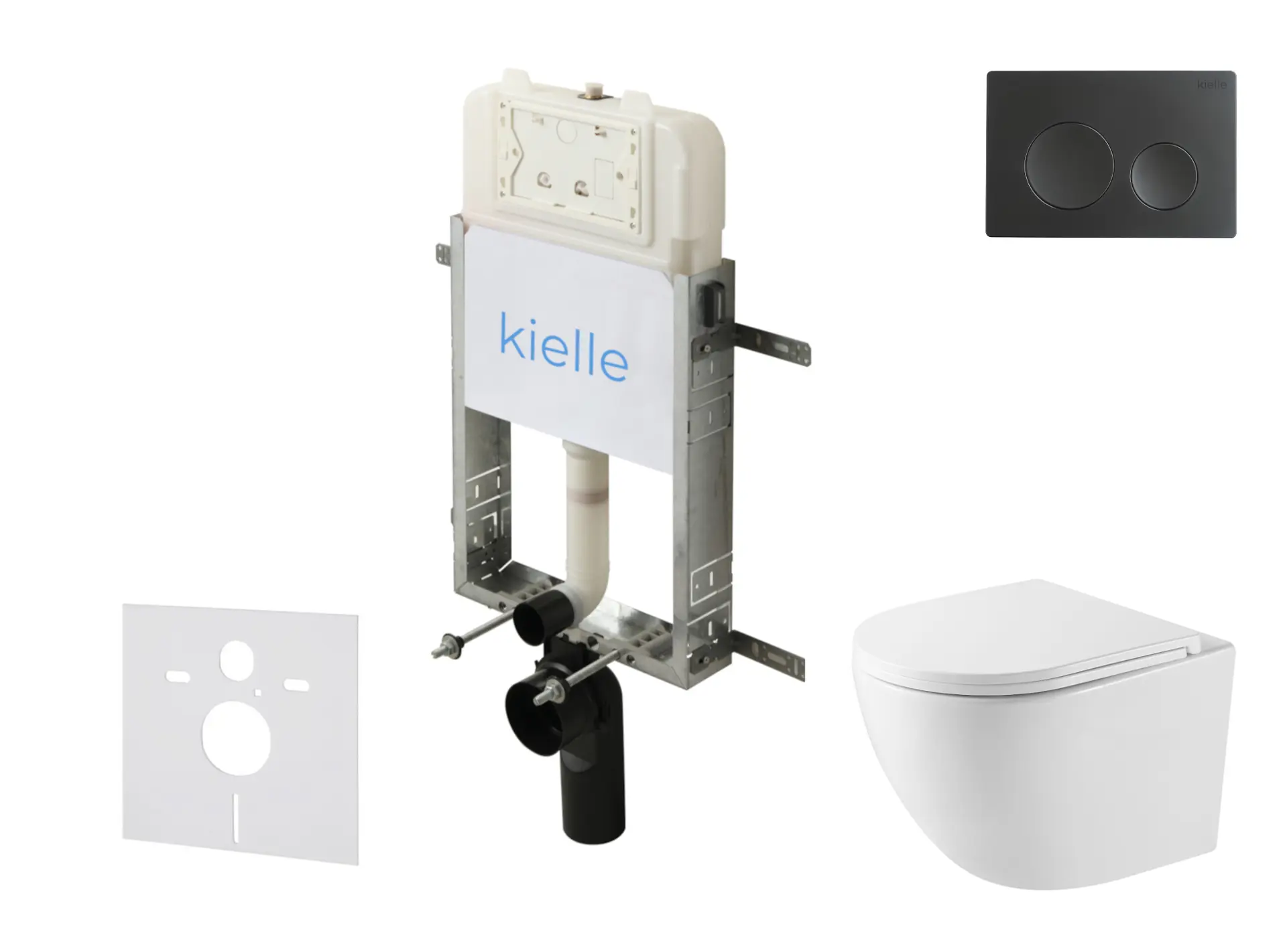 kielle Genesis New - komplekts priekšsienas montāžai, kompaktais WC Oudee, Vortex Rimless+, Softclose sēdeklis un vadības plate Gemini New I, matēti melns 30528SZ39