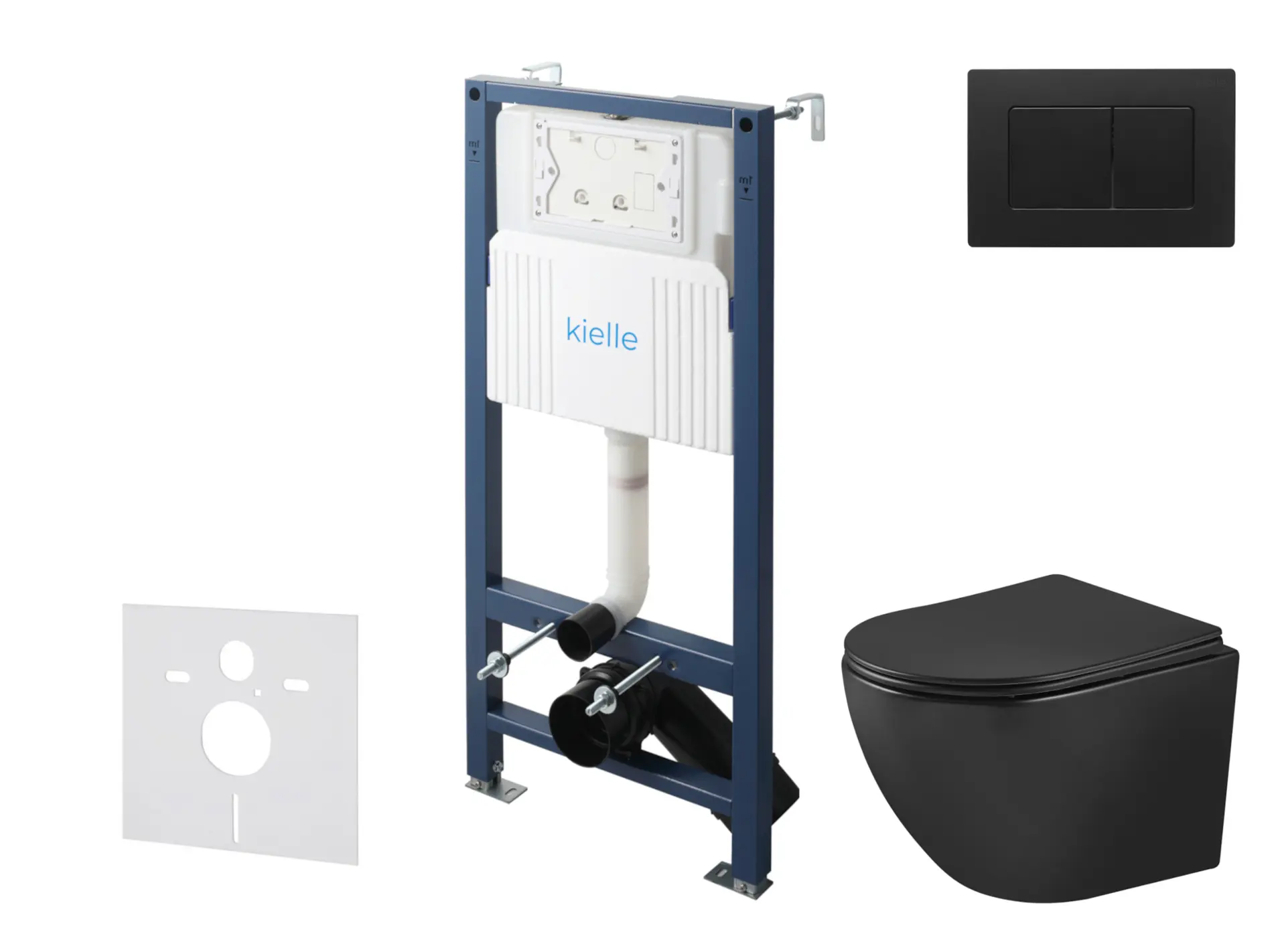 kielle Genesis New - komplekts ar priekšsienas uzstādīšanu, WC Oudee, Vortex Rimless+, Softclose sēdeklis un vadības plate Gemini New III, matēti melns 30528SS93