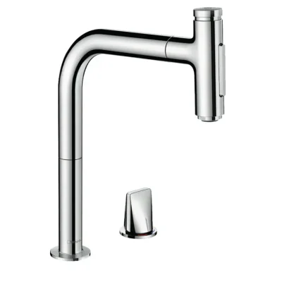Hansgrohe M71 - virtuves izlietnes maisītājs Metris Select, ar izvelkamu dušu, 2 caurumu montāža, EcoSmart, hromēts 73819000