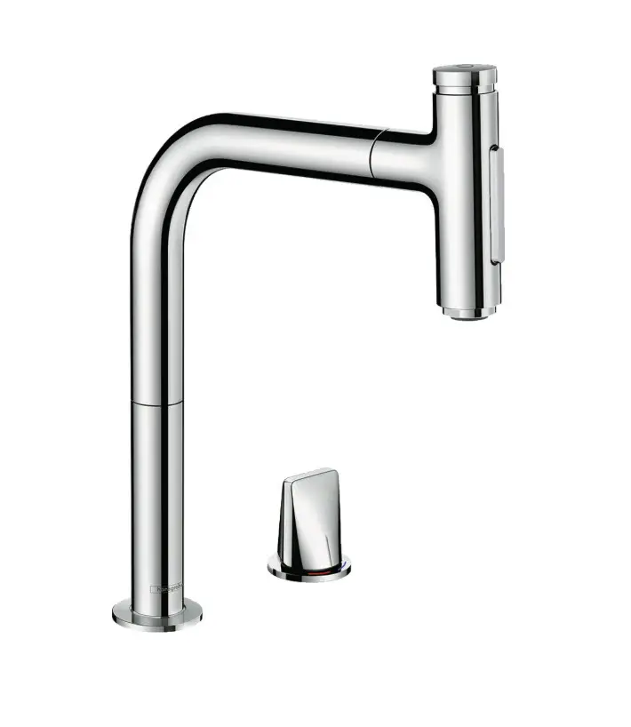 Hansgrohe M71 - virtuves izlietnes maisītājs Metris Select, ar izvelkamu dušu, 2 caurumu montāža, EcoSmart, hromēts 73819000