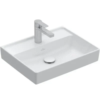 Villeroy & Boch Collaro - rokas izlietne Compact, 50x40 cm, ar pārplūdi, ar jaucējkrāna caurumu, CeramicPlus, Stone White 433451RW