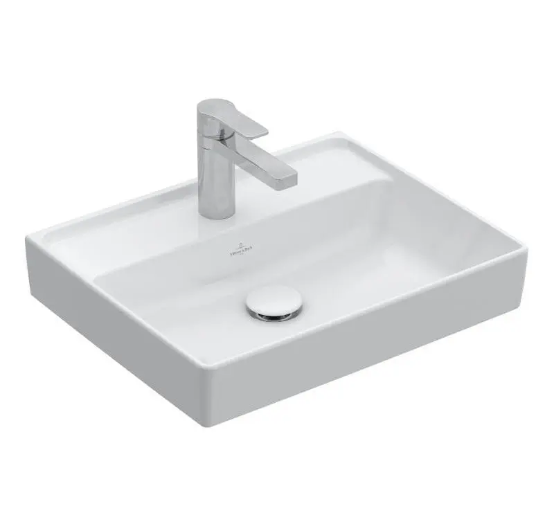 Villeroy & Boch Collaro - rokas izlietne Compact, 50x40 cm, ar pārplūdi, ar jaucējkrāna caurumu, CeramicPlus, Stone White 433451RW