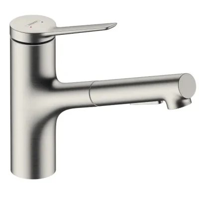 Hansgrohe Zesis M33 - virtuves izlietnes maisītājs 150, ar izvelkamu dušu, sBox lite, dizains nerūsējošais tērauds 74803800
