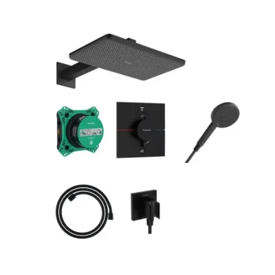Hansgrohe Raindance Alive Q - dušas komplekts ar zemapmetuma termostatu, ar iebūvējamo daļu, 21x34 cm, 3 strūklas veidi, matēti melns 24620670