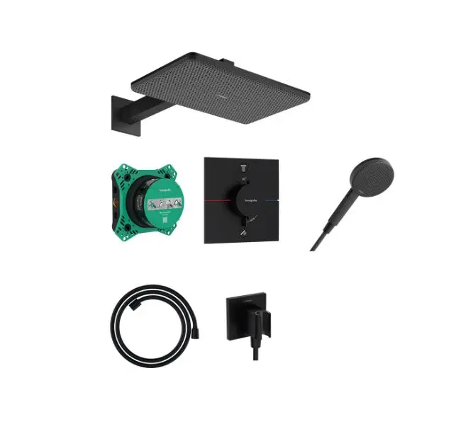 Hansgrohe Raindance Alive Q - dušas komplekts ar zemapmetuma termostatu, ar iebūvējamo daļu, 21x34 cm, 3 strūklas veidi, matēti melns 24620670