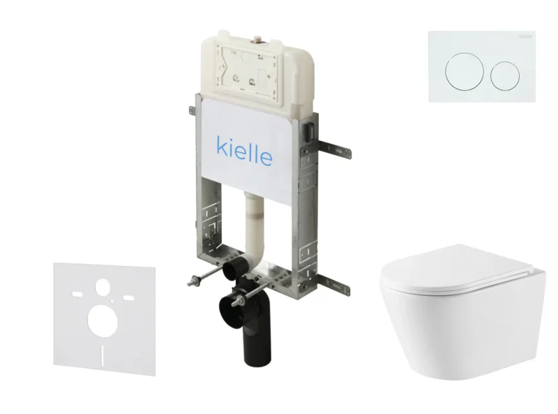 kielle Genesis New - komplekts priekšsienas uzstādīšanai, WC Nefia, Vortex Rimless+, Softclose sēdeklis un vadības plate Gemini New I, spīdīgi balts 30528SZ46