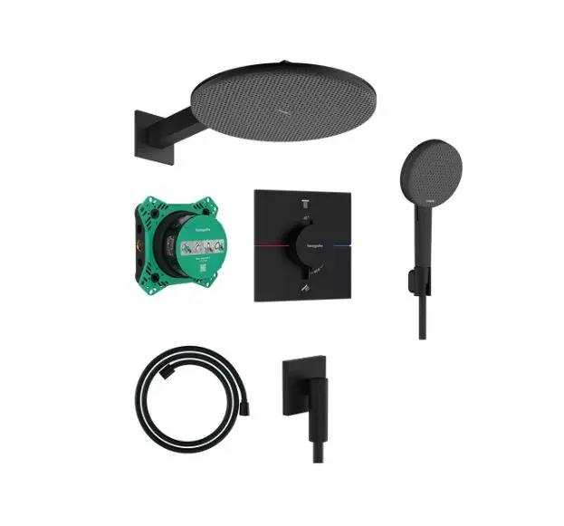 Hansgrohe Raindance Alive S - dušas komplekts ar zemapmetuma termostatu, diametrs 30 cm, 3 strūklas veidi, matēti melns 24630670