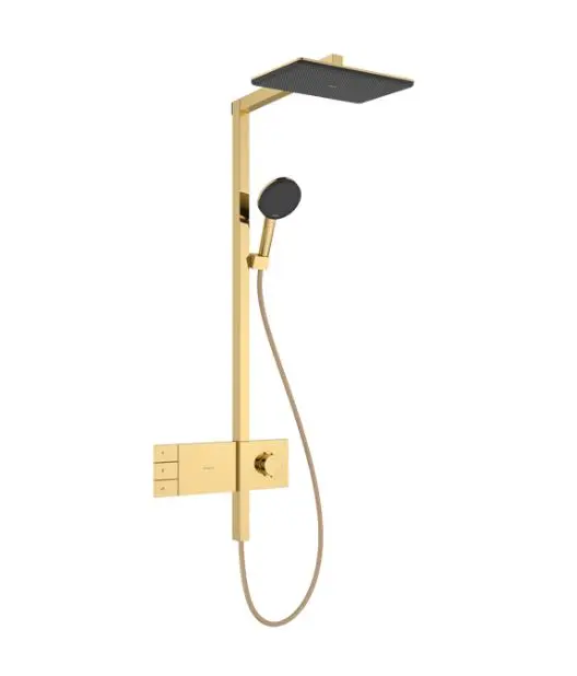 Hansgrohe Raindance Alive Q - dušas komplekts ar termostatu, 21x34 cm, 3 strūklas veidi, EcoSmart, pulēta zelta apdare 24591990