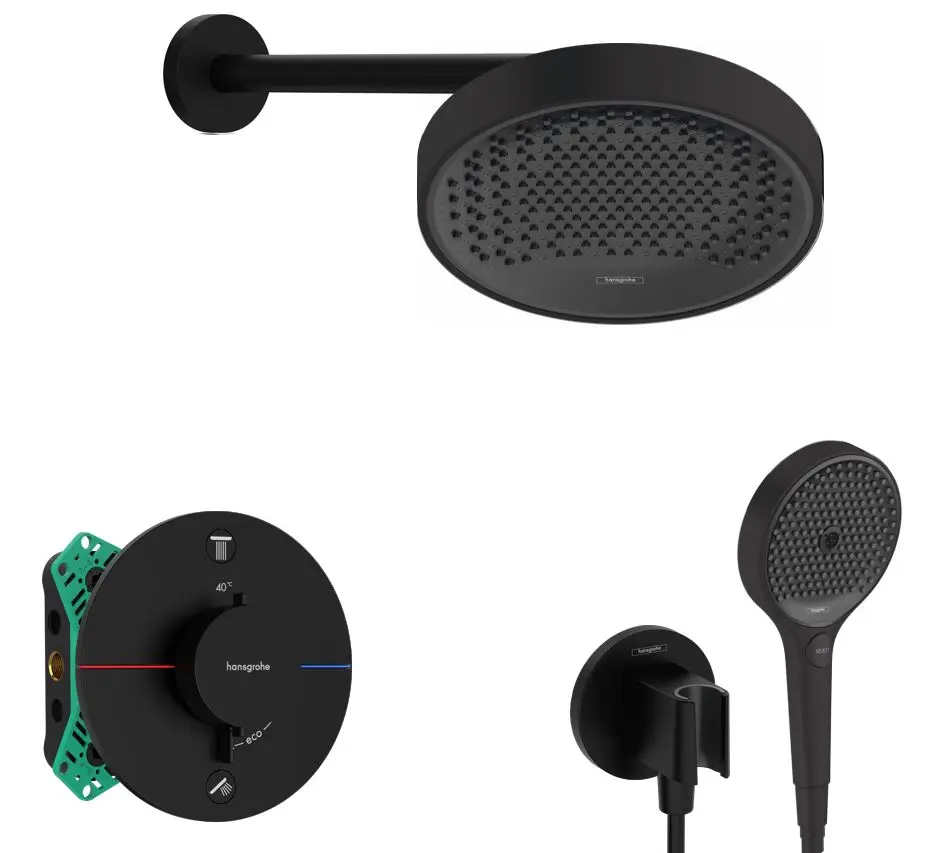 Hansgrohe - dušas komplekts ar zemapmetuma termostatu, ar montāžas korpusu, diametrs 25 cm, 3 strūklas veidi, melns matēts SANI21HHH406