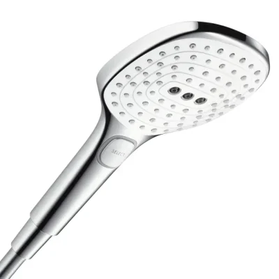 Hansgrohe Raindance Select E - dušas galva 120, 3 strūklas, EcoSmart 9 l/min, balta / hromēta 26521400